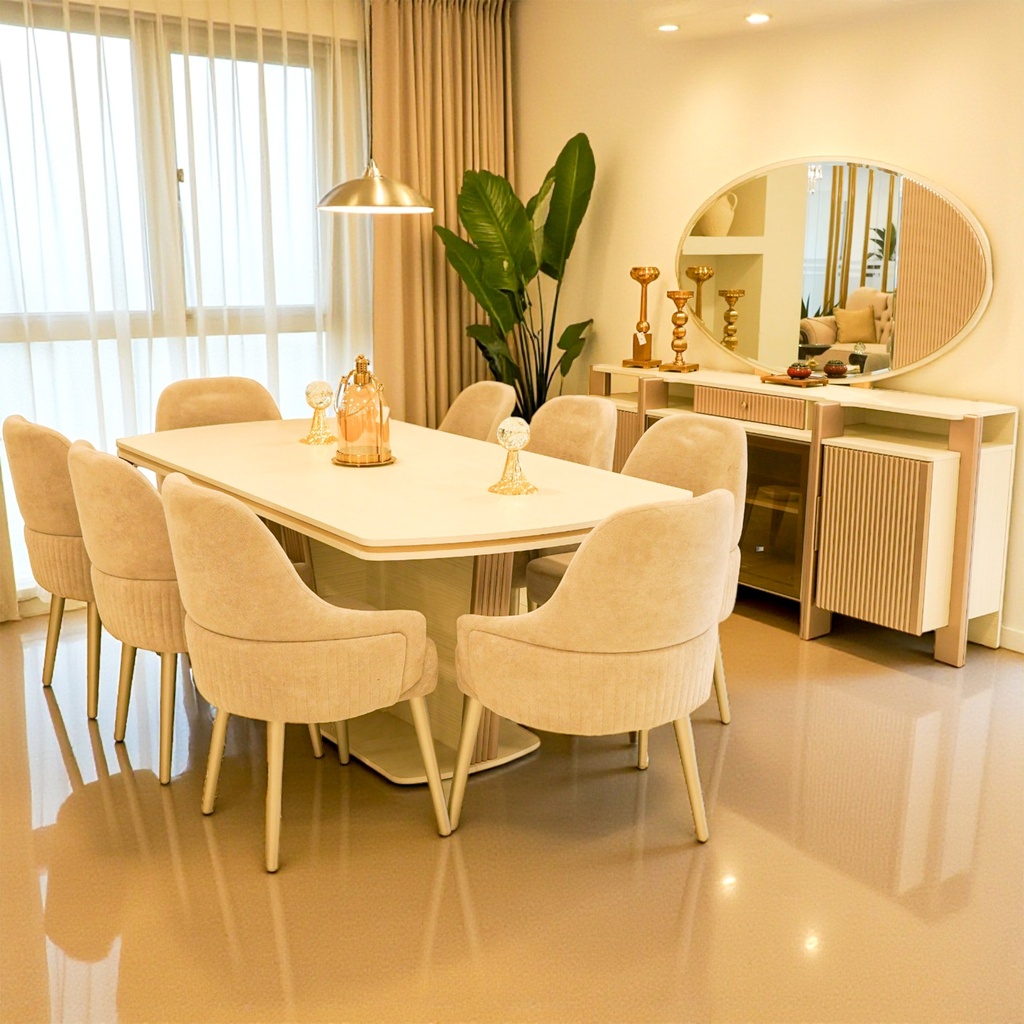 غرفة سفرة كلاسيك CAVE NEW  (فضية + دلسوار + طاولة 8 كراسي)